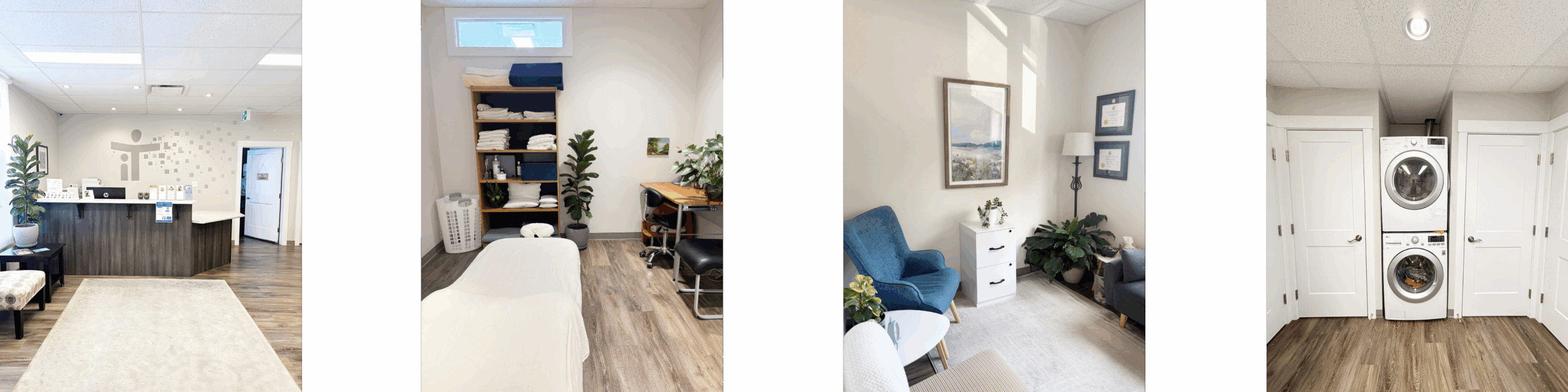 Front reception area and desk, bright and open space. Massage office with clean massage table. Sara Laity's counselling office with two different chairs and a couch for sitting. Laundry area for staff only.